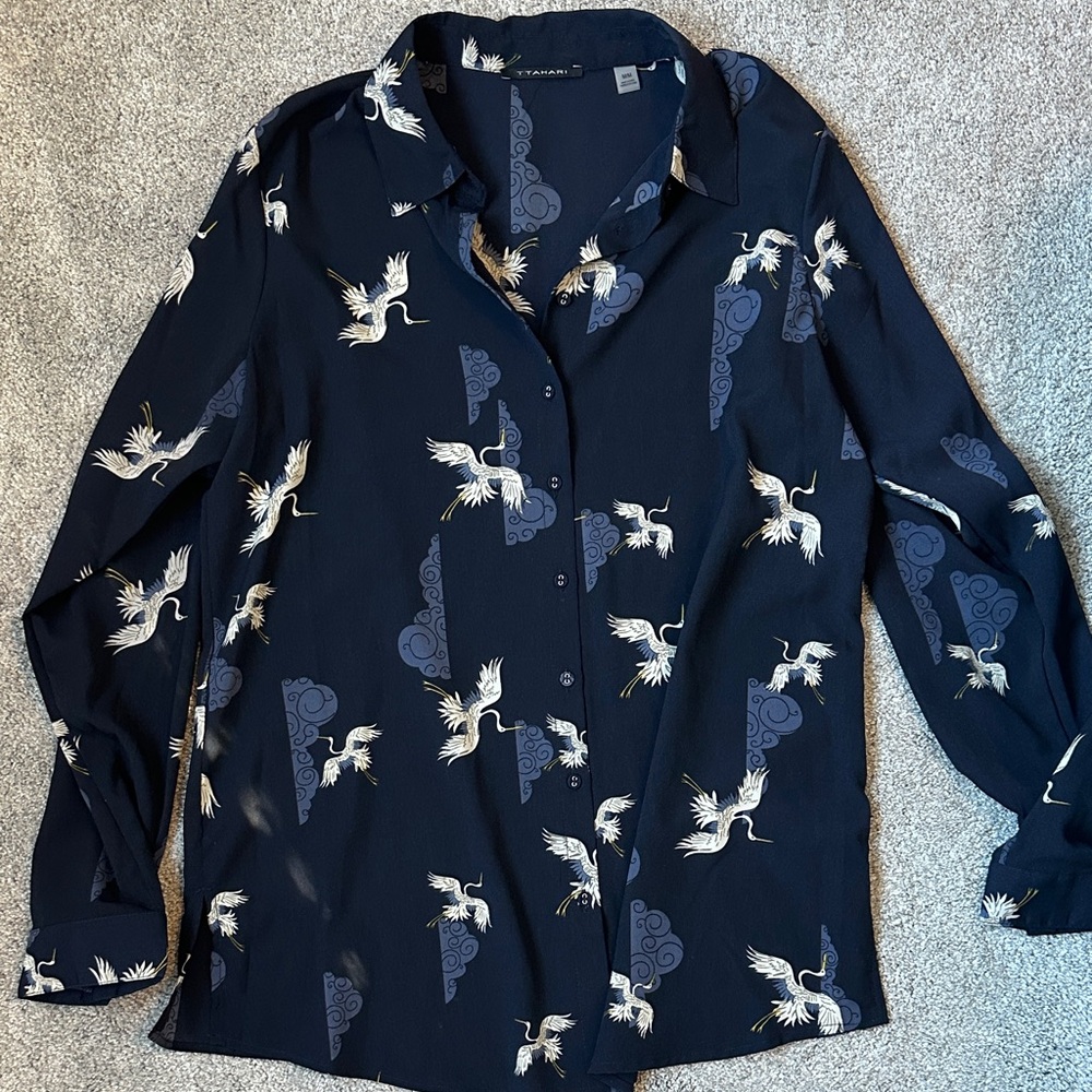 T Tahari Dark Blue Crane Print Shirt